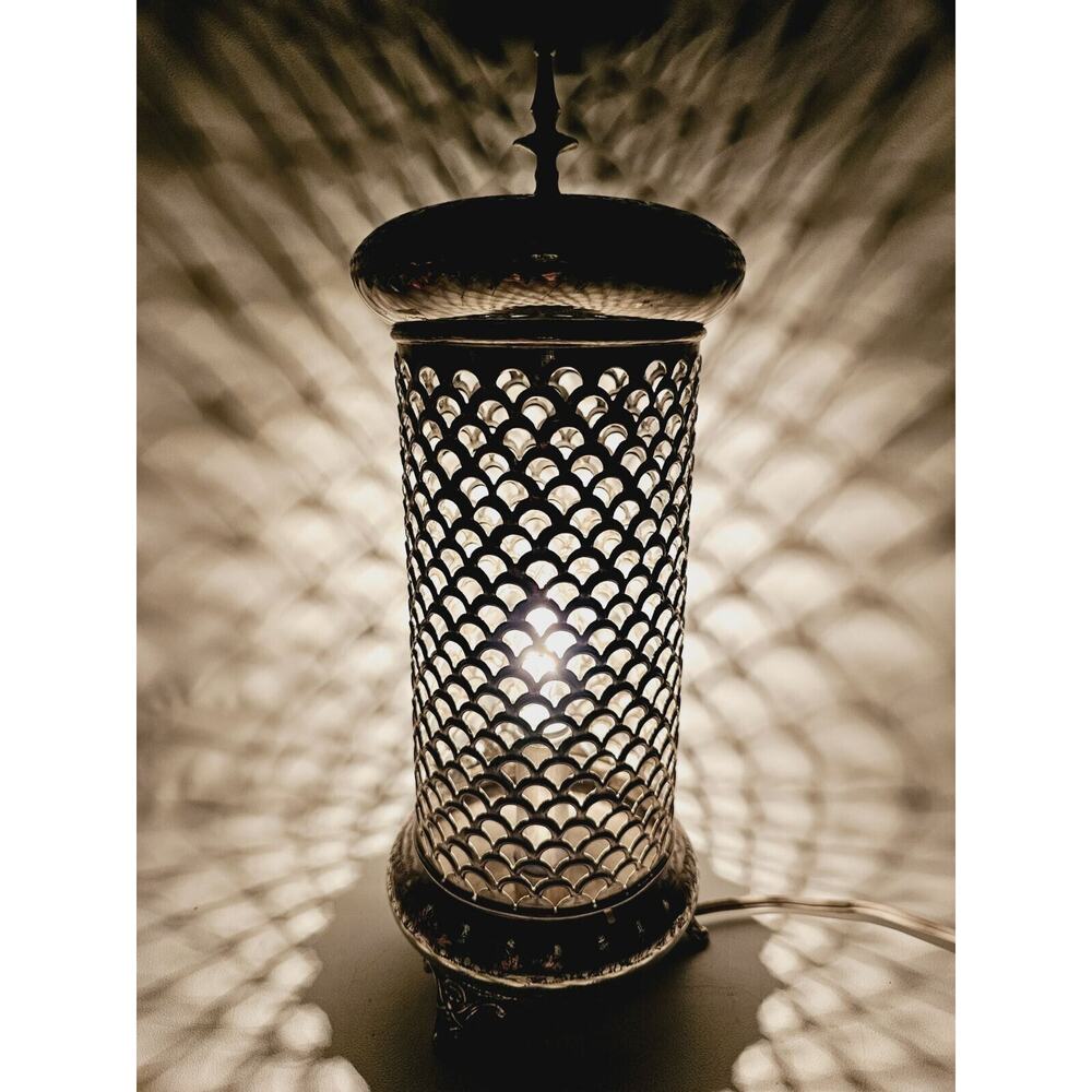 Vintage Ornate Engraved Silver Plate Footed Lantern Lamp 13" Tall Made In India